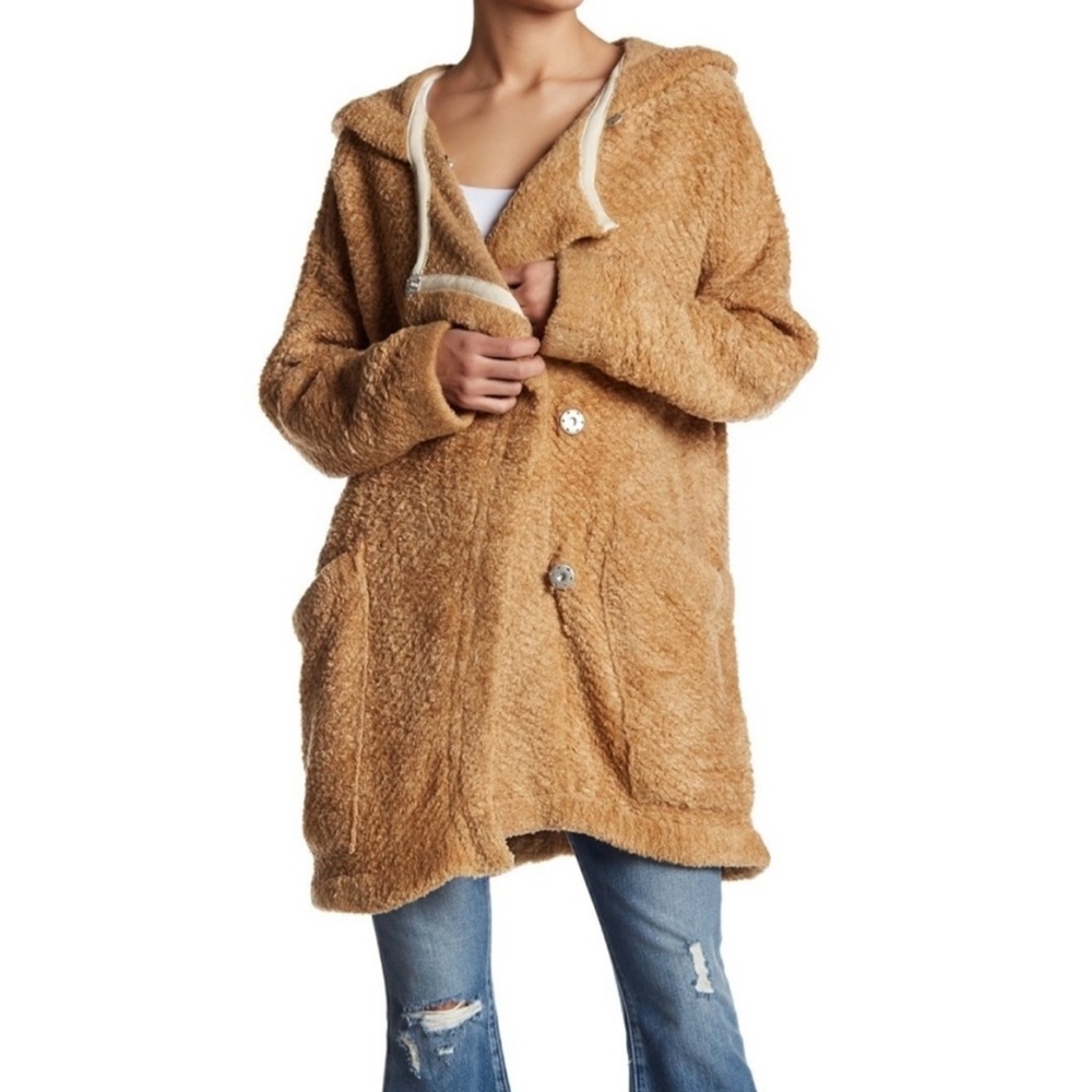 free people | warm wishes furry teddy jacket hooded snap sweater sand xs